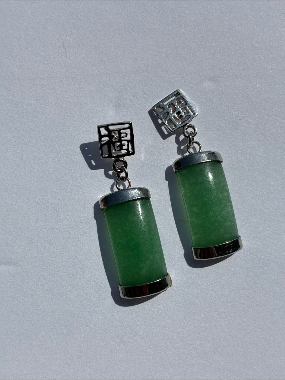 Green Jade Cylinder Drop Earrings - Silver Accent